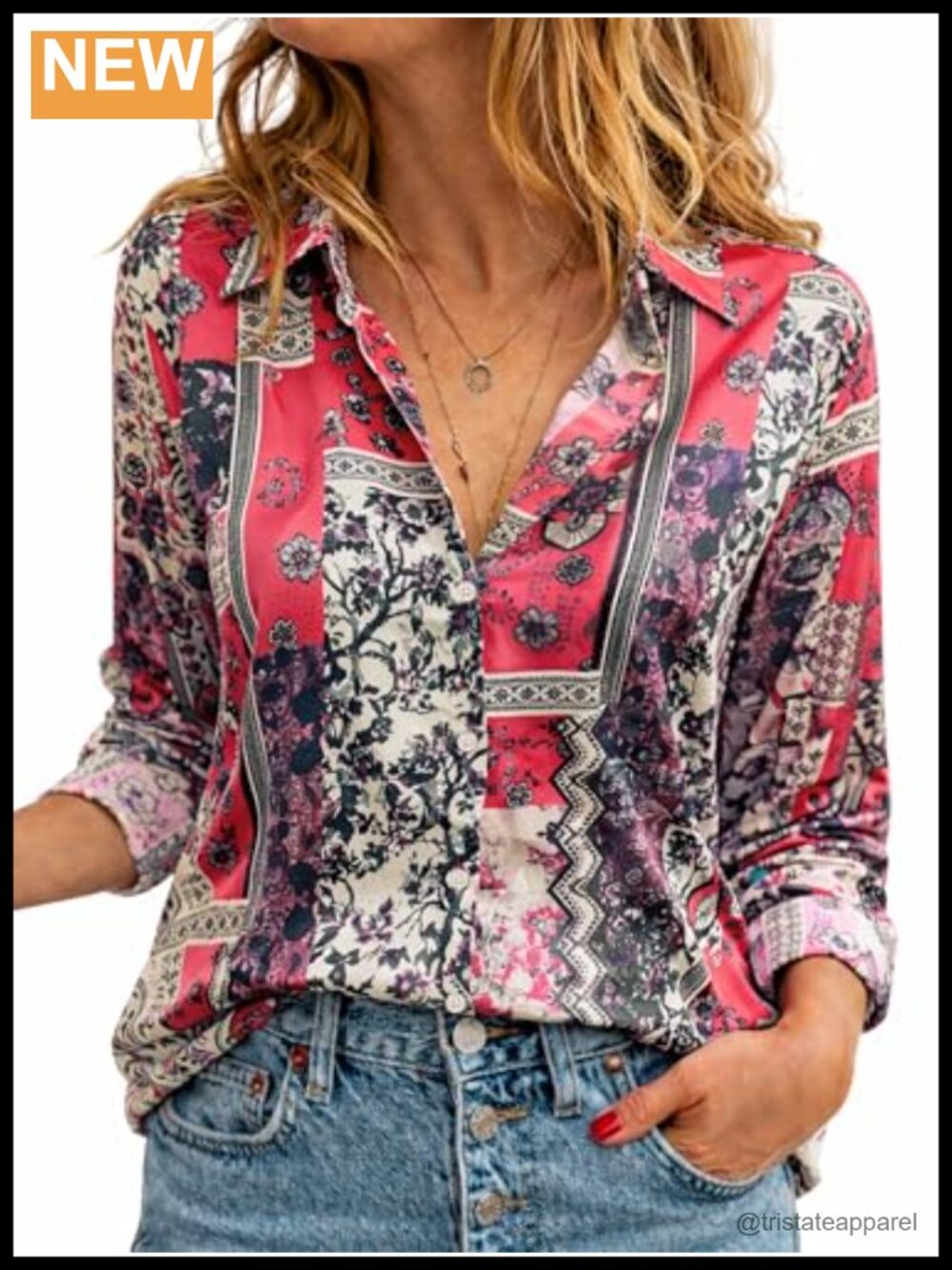 Silky Boho Floral Button Down Shirt Long Sleeve Blouse